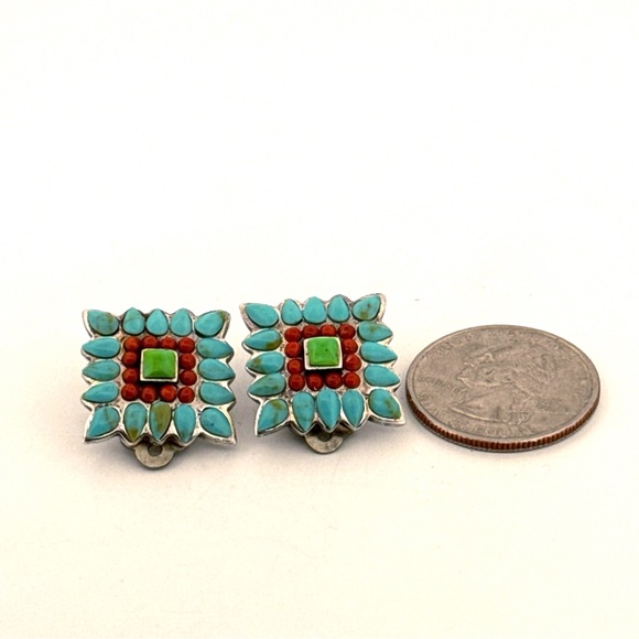 Sterling and turquoise square 925 Sterling Silver clip on earrings - Picture 4 of 4